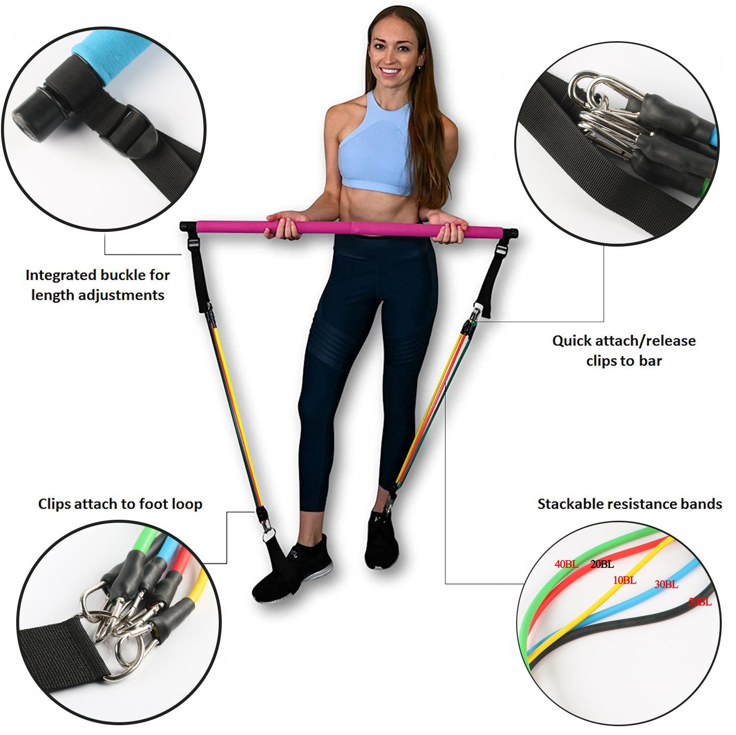 Portable Pilates Yoga Bar Elastic Resistance Bands Home Workout